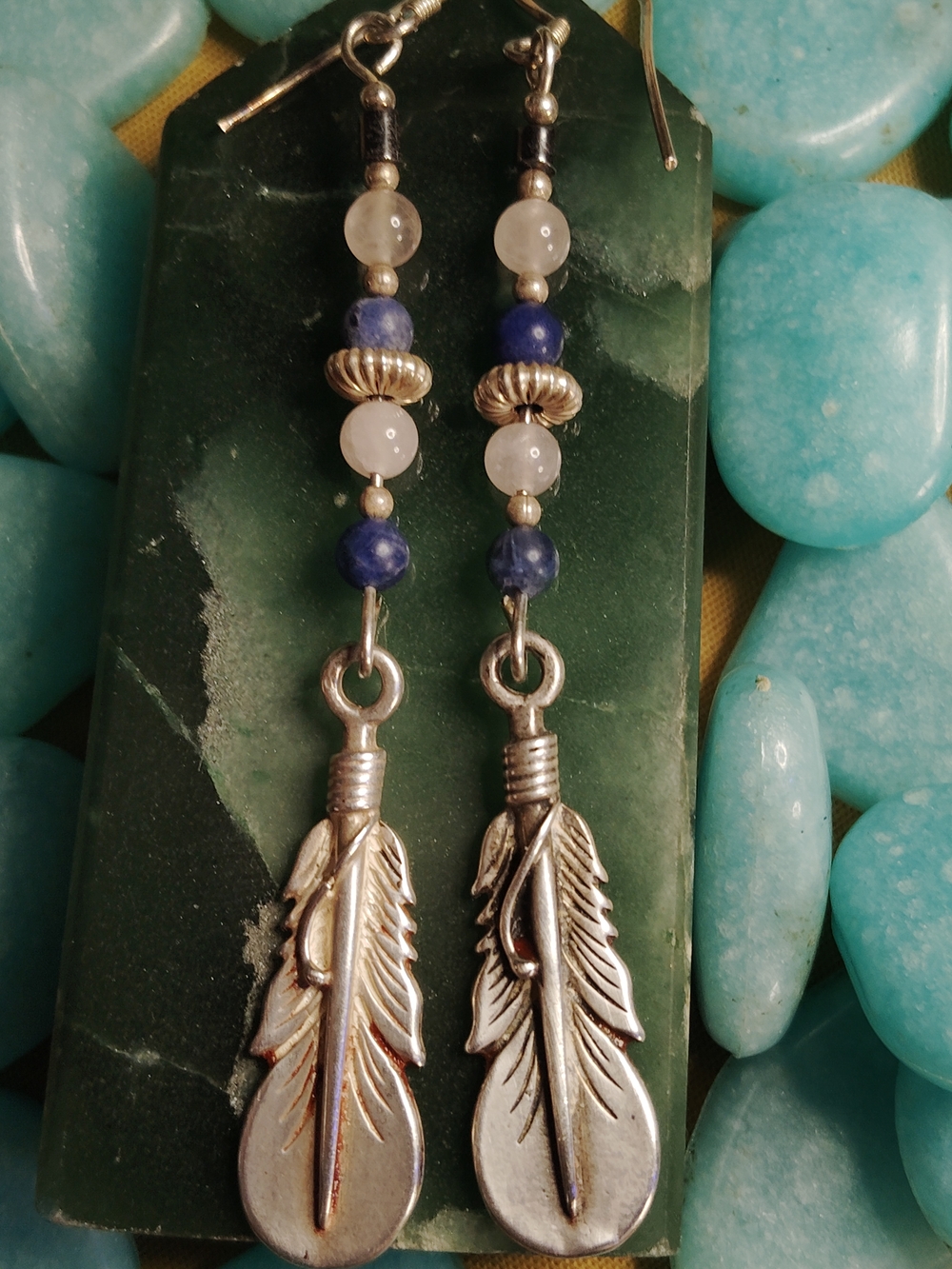 STERLING -FANCY 🪶 FEATHER 3" DANGLE-BLUE SODALITE, PINK ROSE QUARTZ, EARRINGS.
